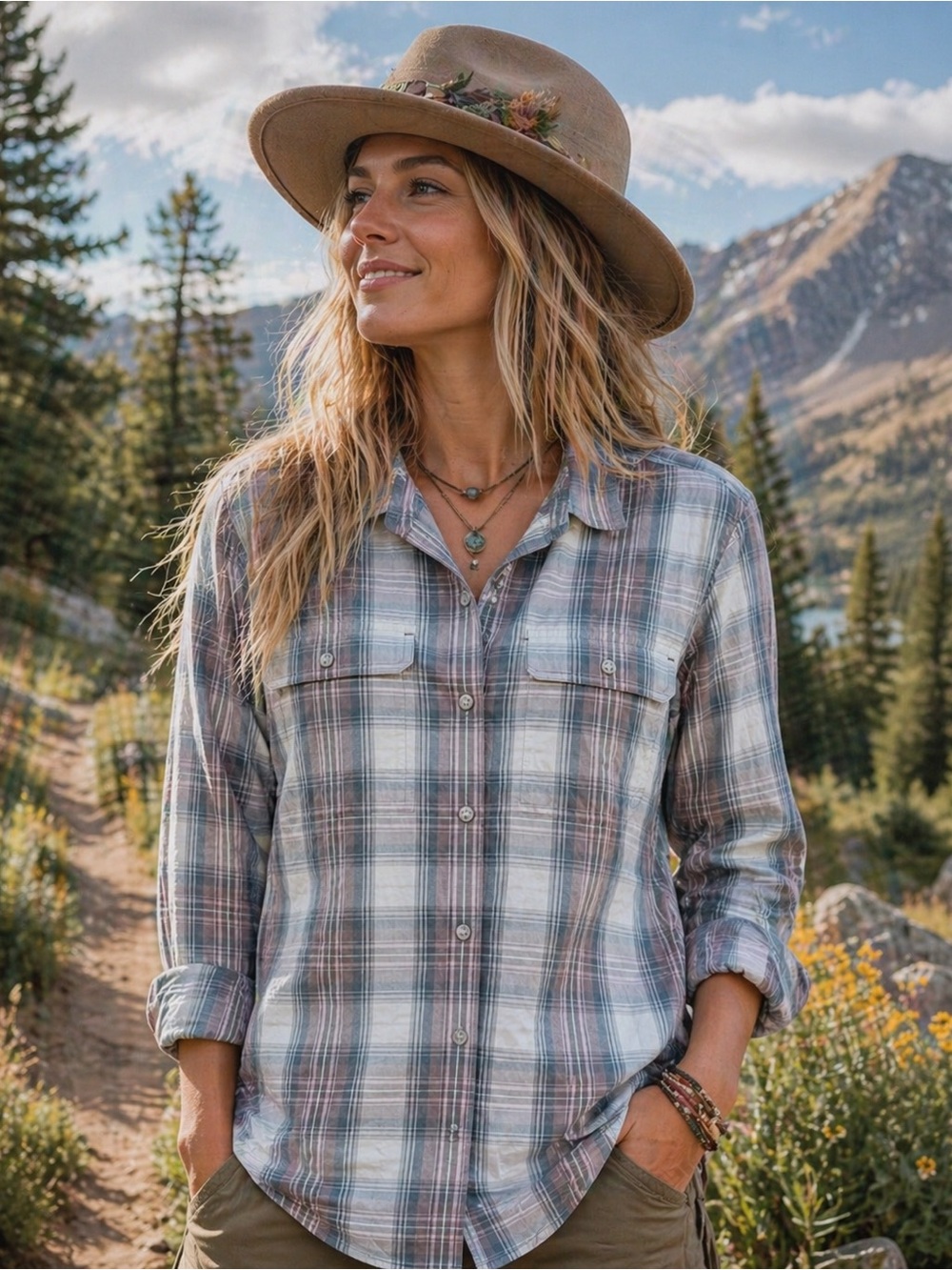 Eddie Bauer Plaid Button Down Shirt Women's Large Blue Gray Long Sleeve Hiking